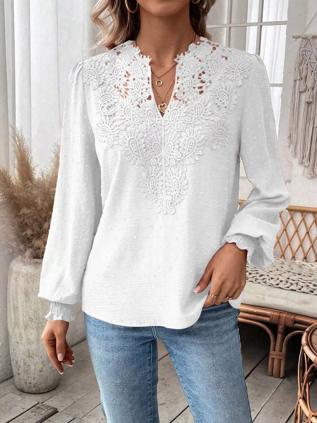 Swiss Dot Lace Detail Long Sleeve Blouse by Trendsi