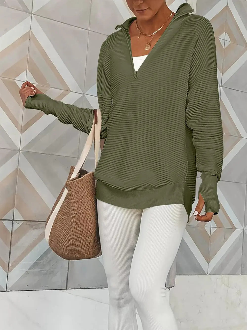 Half Zip Long Sleeve Knit Top by Trendsi