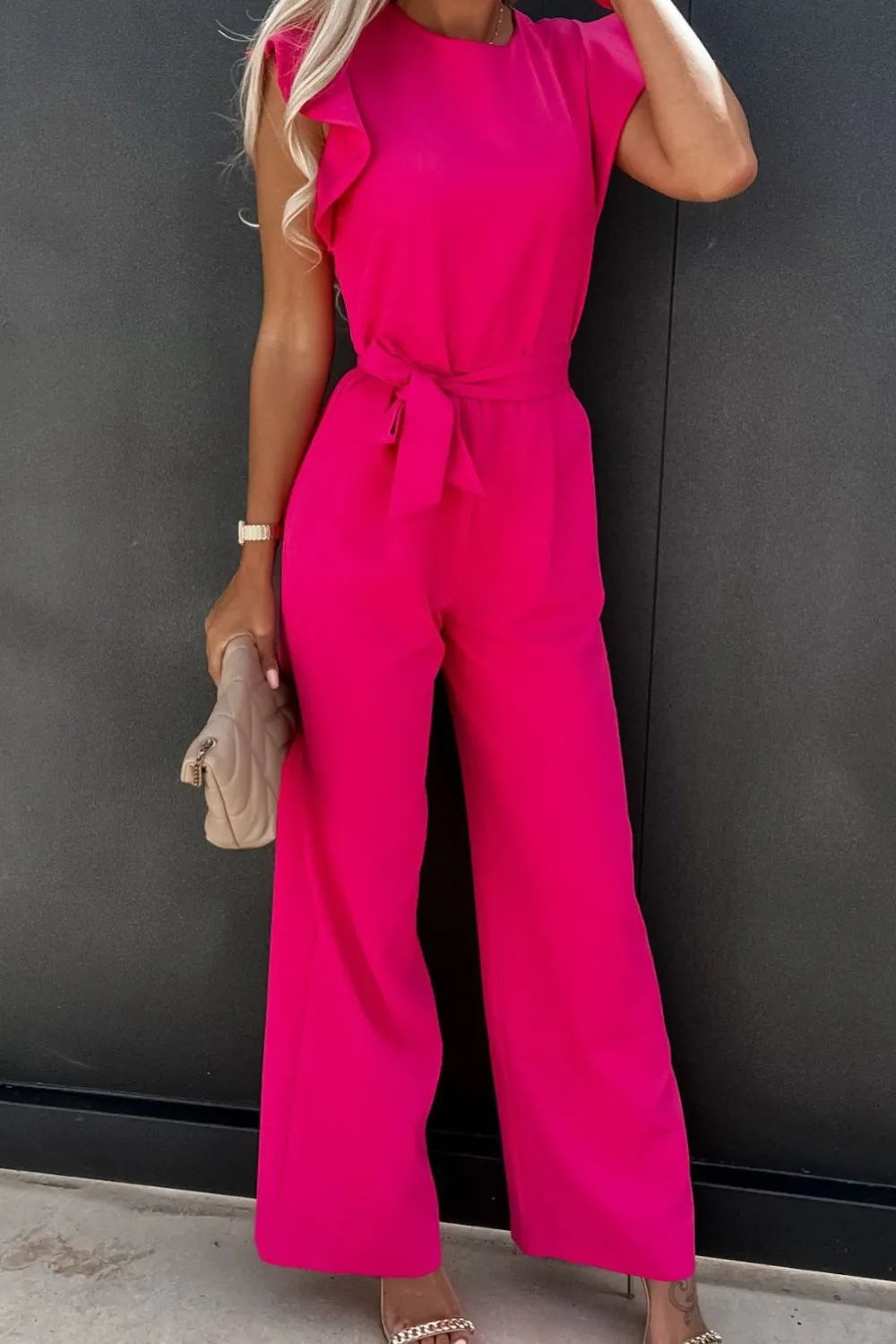 Round Neck Cap Sleeve Jumpsuit by Trendsi