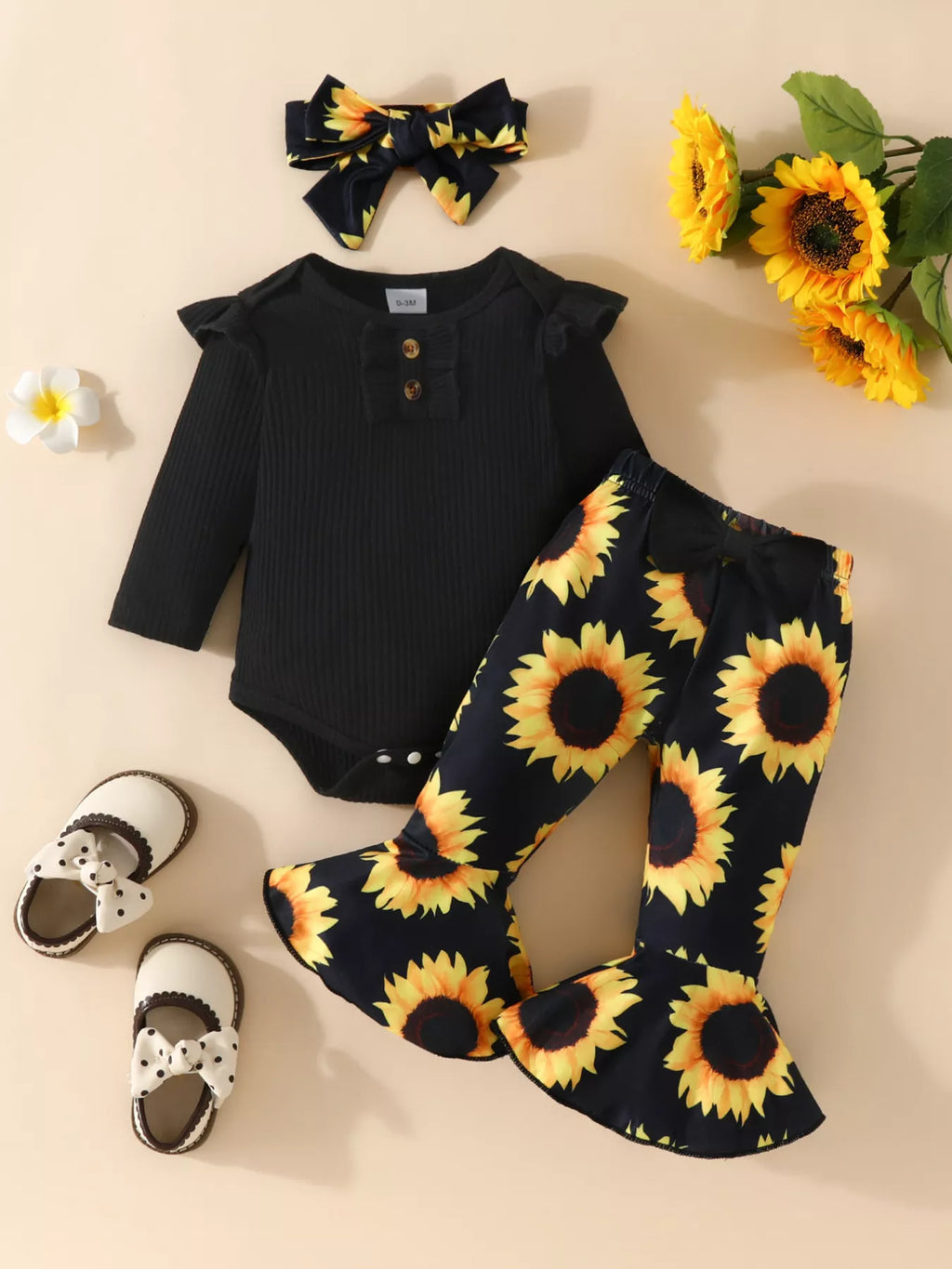 Children's Ruffled Ribbed Top and Sunflower Pants Set by Trendsi