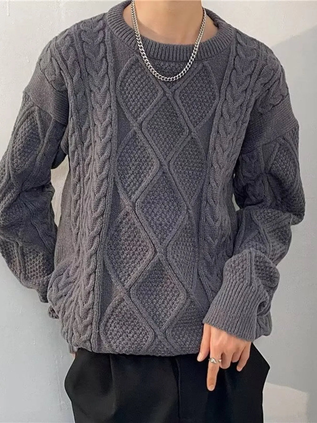 Men's Plus Size Cable Knit Round Neck Sweater by Trendsi