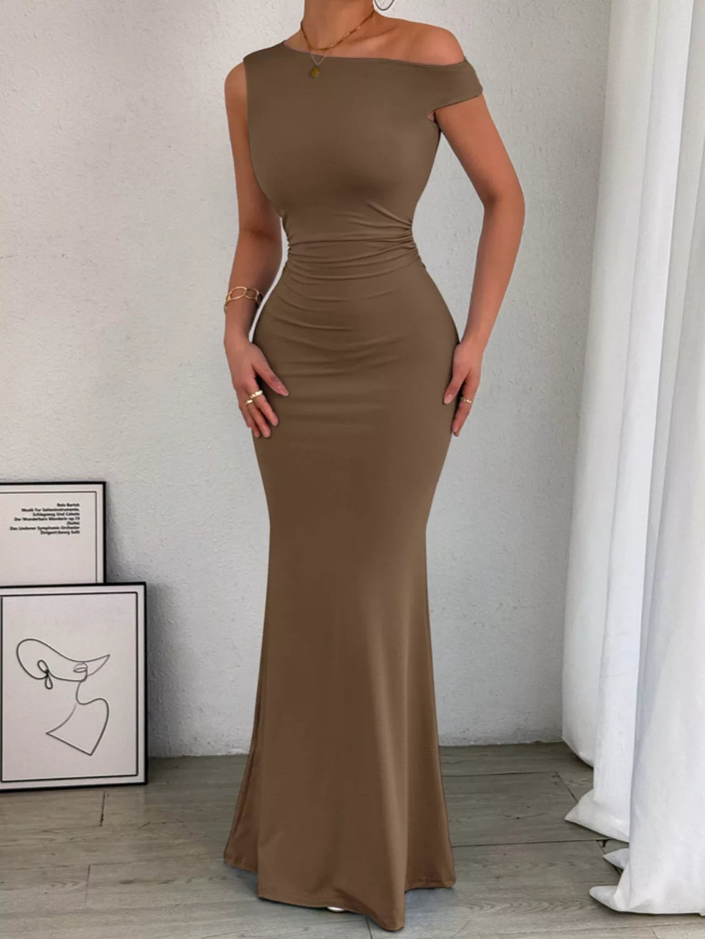 One-Shoulder Ruched Bodycon Maxi Dress by Trendsi