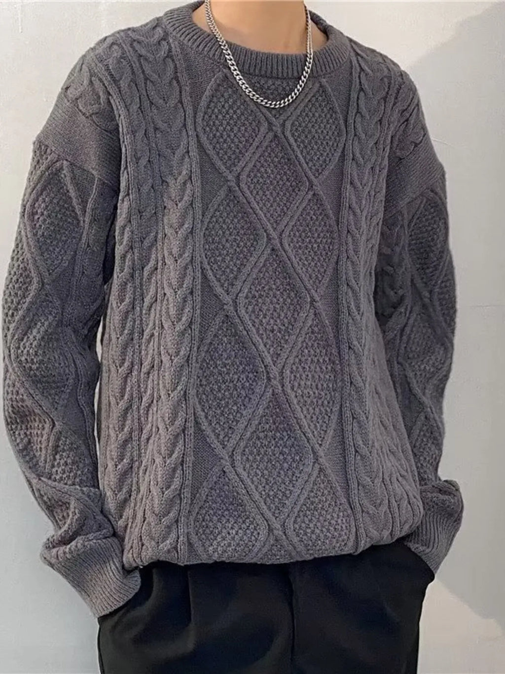 Men's Plus Size Cable Knit Round Neck Sweater by Trendsi