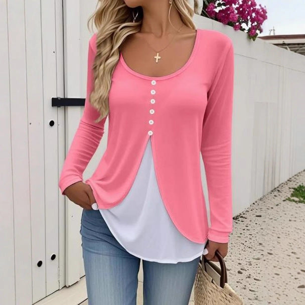 Casual Contrast Color Women's Two-piece Long-sleeved T-shirt