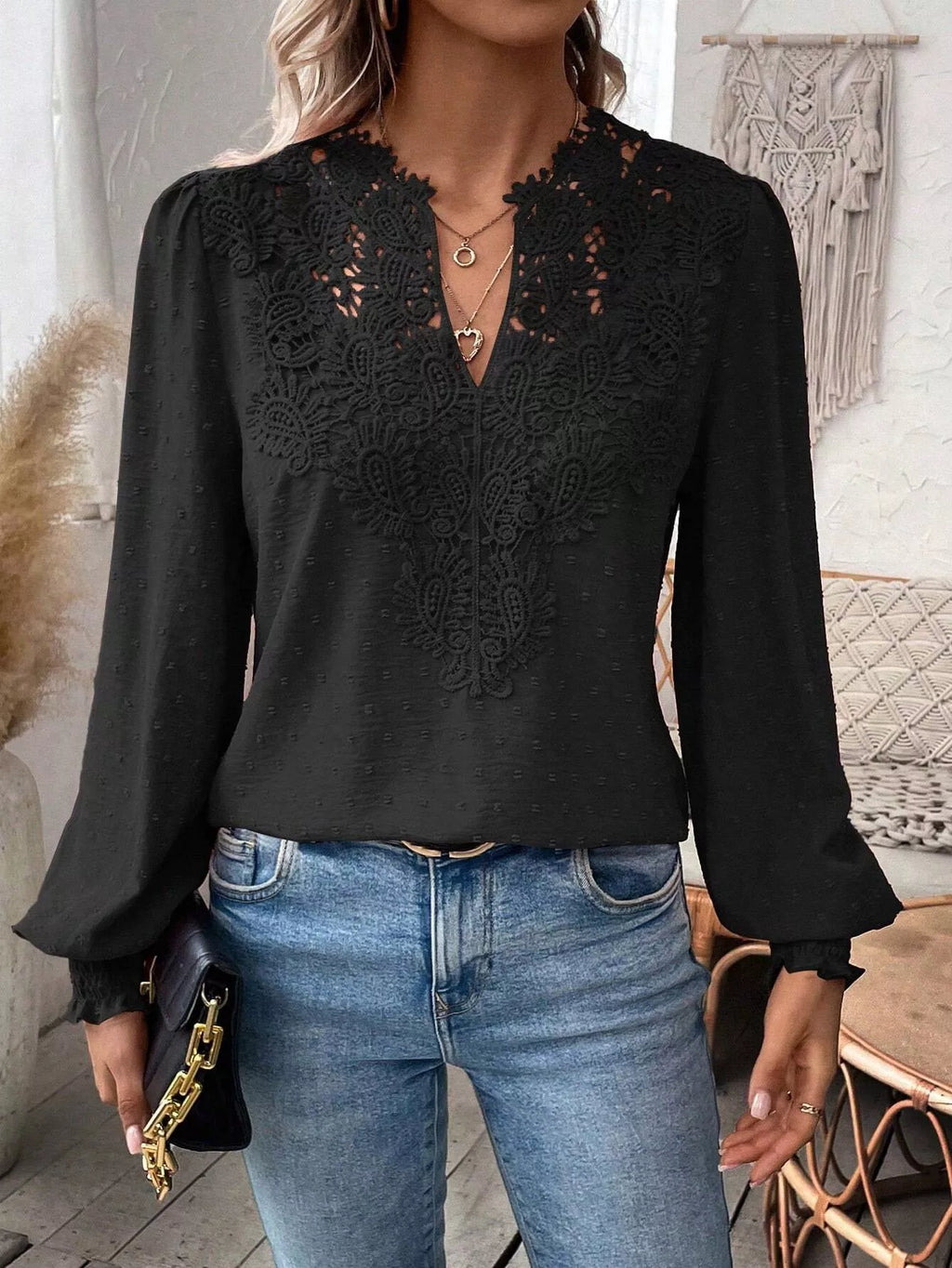 Swiss Dot Lace Detail Long Sleeve Blouse by Trendsi