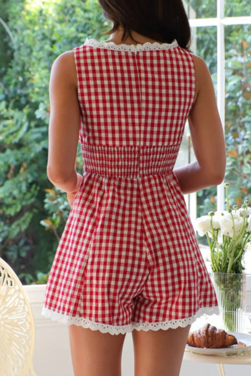 Lace Detail Plaid Sleeveless Romper by Trendsi