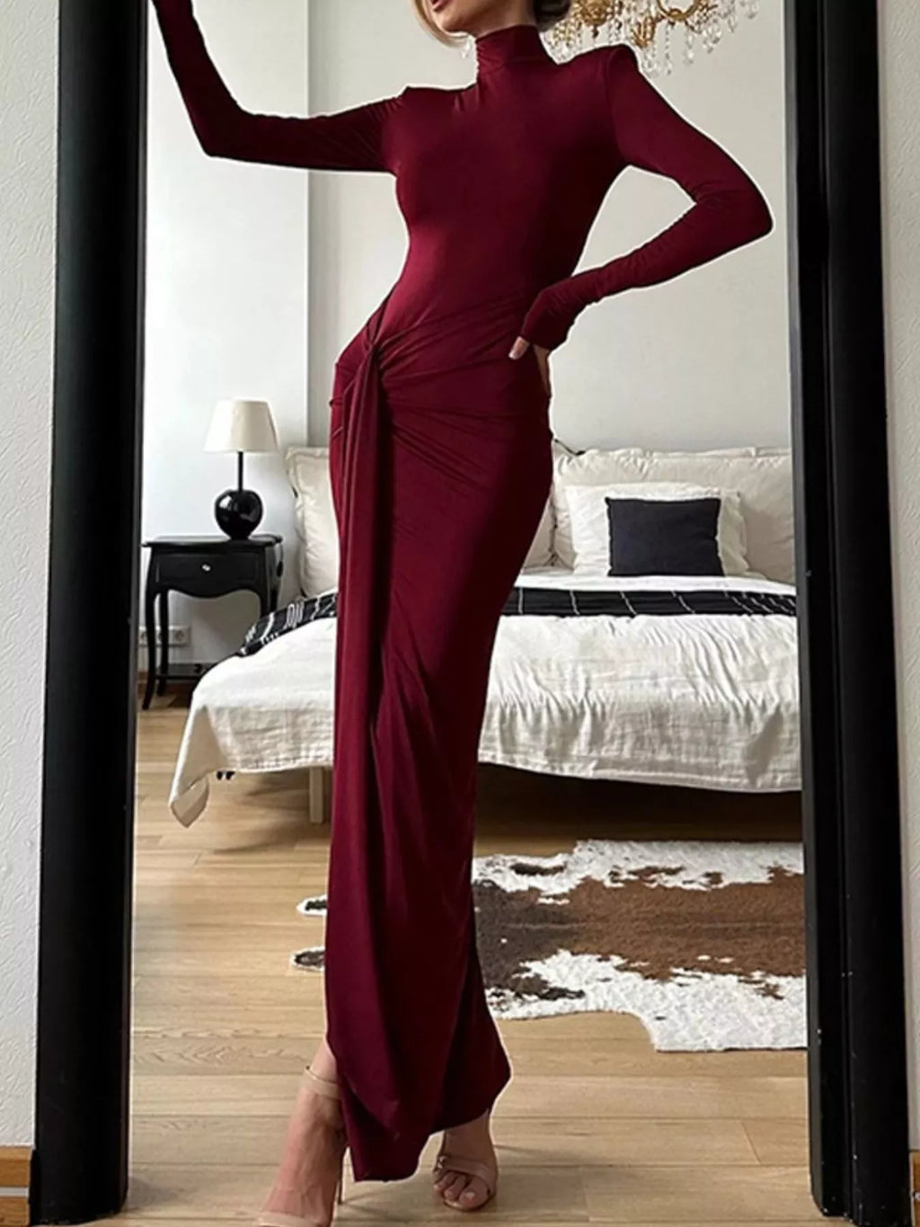Turtleneck Long Sleeve Slit Maxi Dress by Trendsi