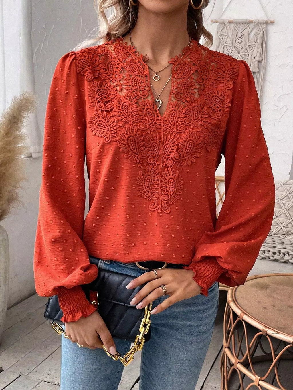Swiss Dot Lace Detail Long Sleeve Blouse by Trendsi