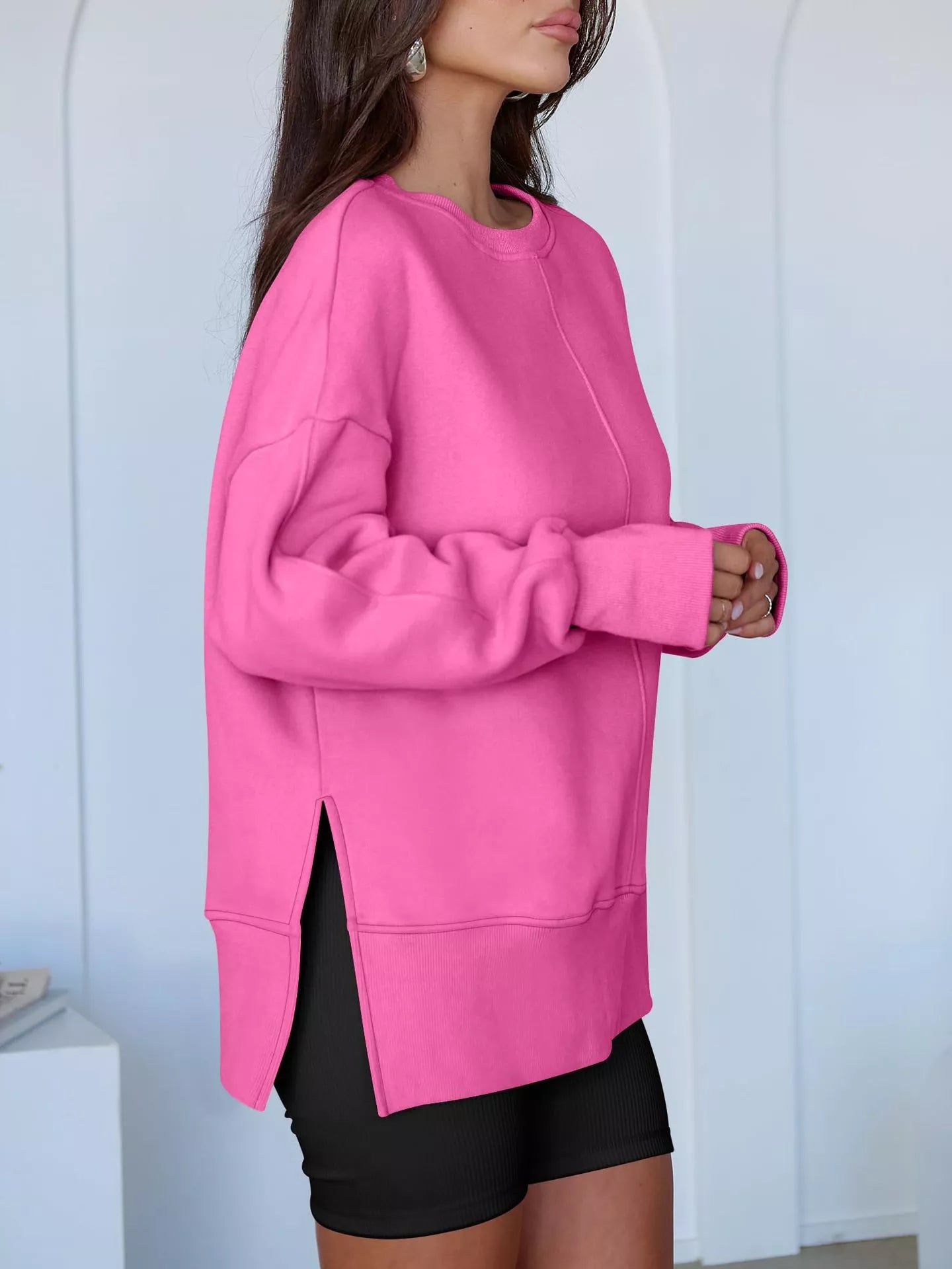 Side Slit Round Neck Long Sleeve Sweatshirt by Trendsi