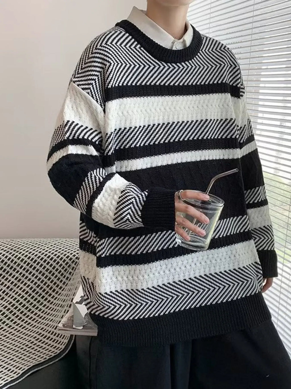 Men's Striped Textured Knit Pullover Sweater by Trendsi