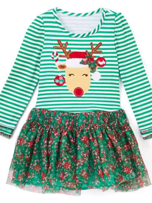 Children's Christmas Reindeer Applique Striped Long Sleeve Dress by Trendsi