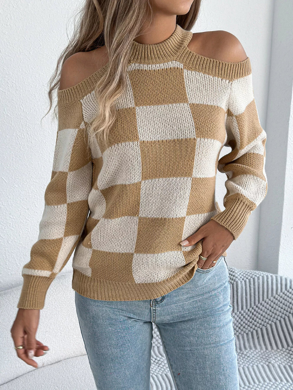 Cold Shoulder Checkered Long Sleeve Sweater by Trendsi