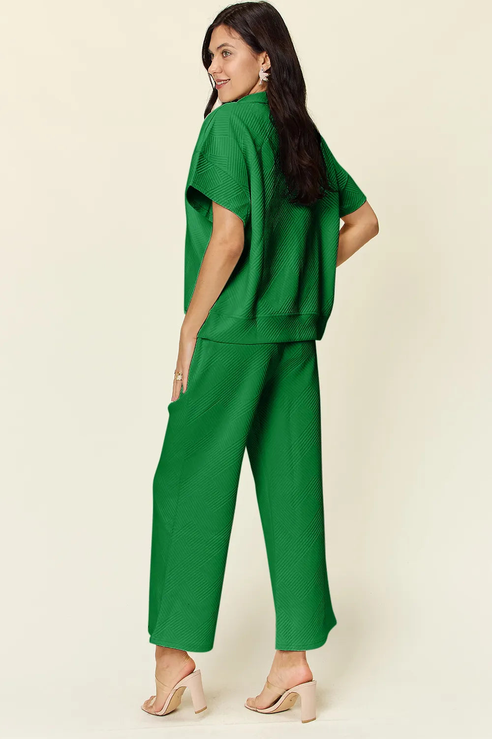 Double Take Full Size Texture Half Zip Short Sleeve Top and Pants Set by Trendsi