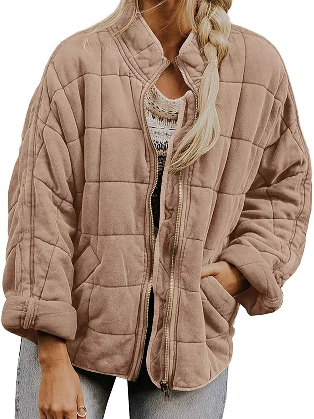 Full Size Zip Up Quilted Bomber Jacket Plus Size by Trendsi