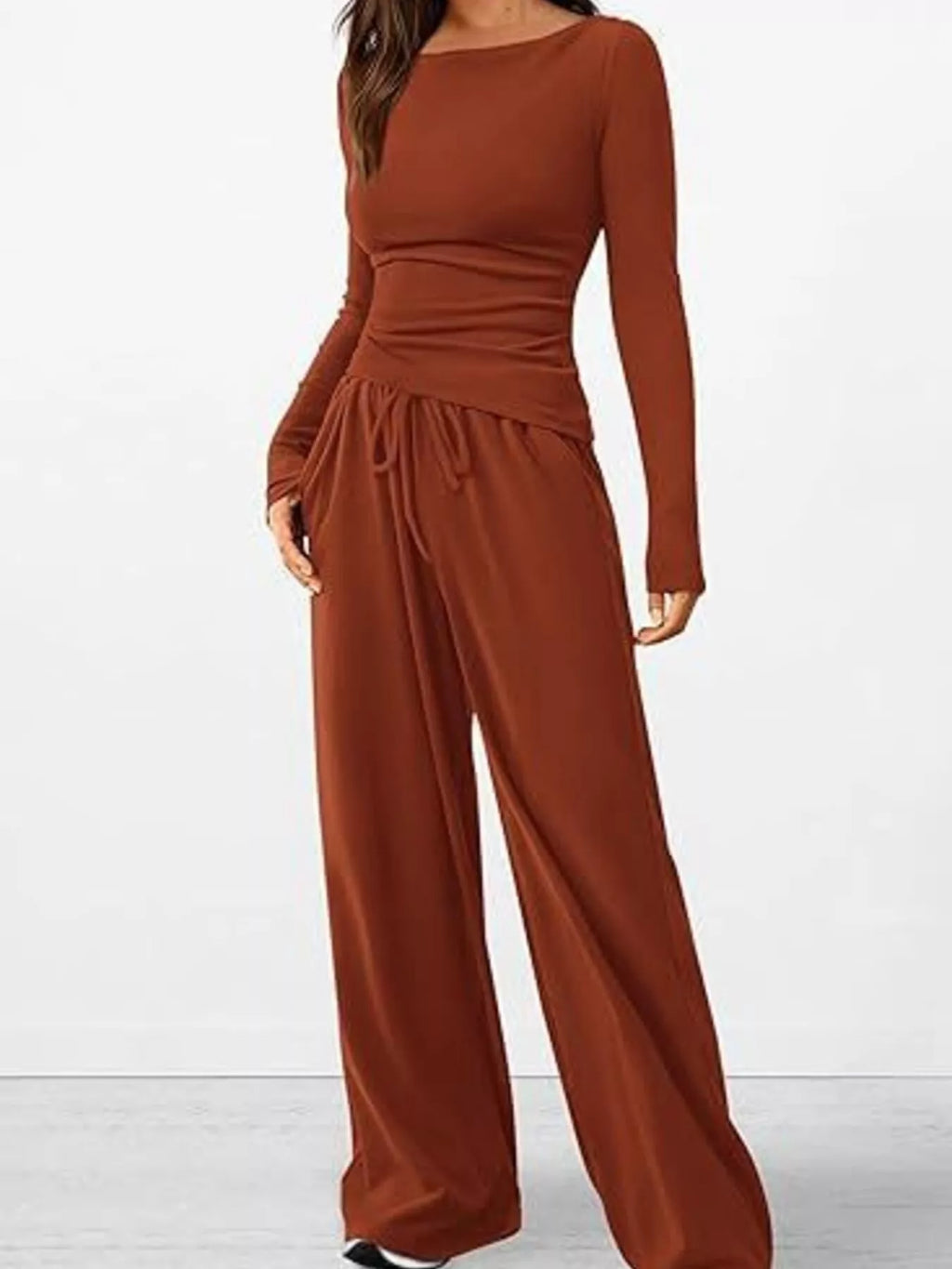 Long Sleeve Top and Wide Leg Pants Set by Trendsi