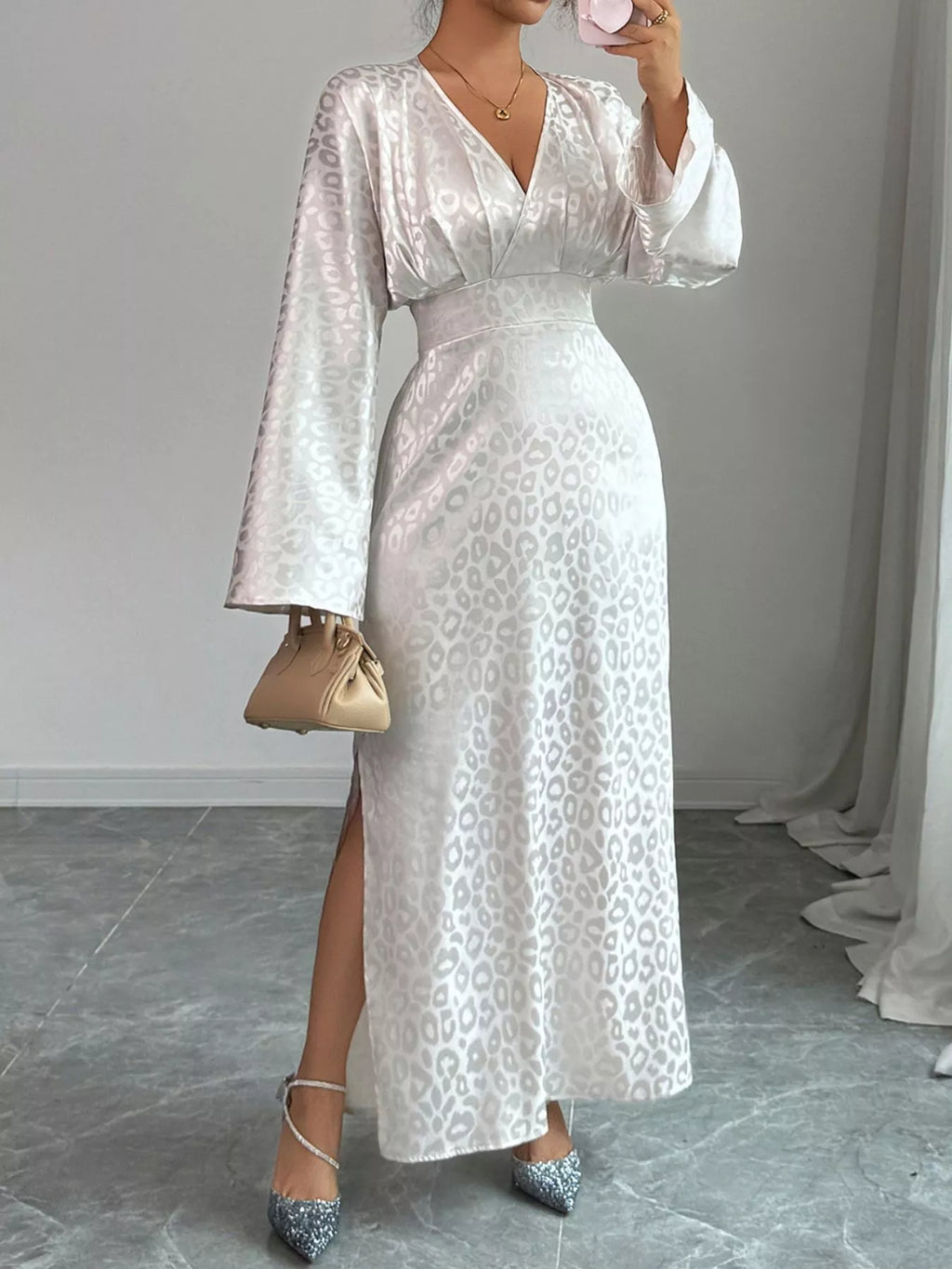 Leopard Surplice Long Sleeve Maxi Dress by Trendsi