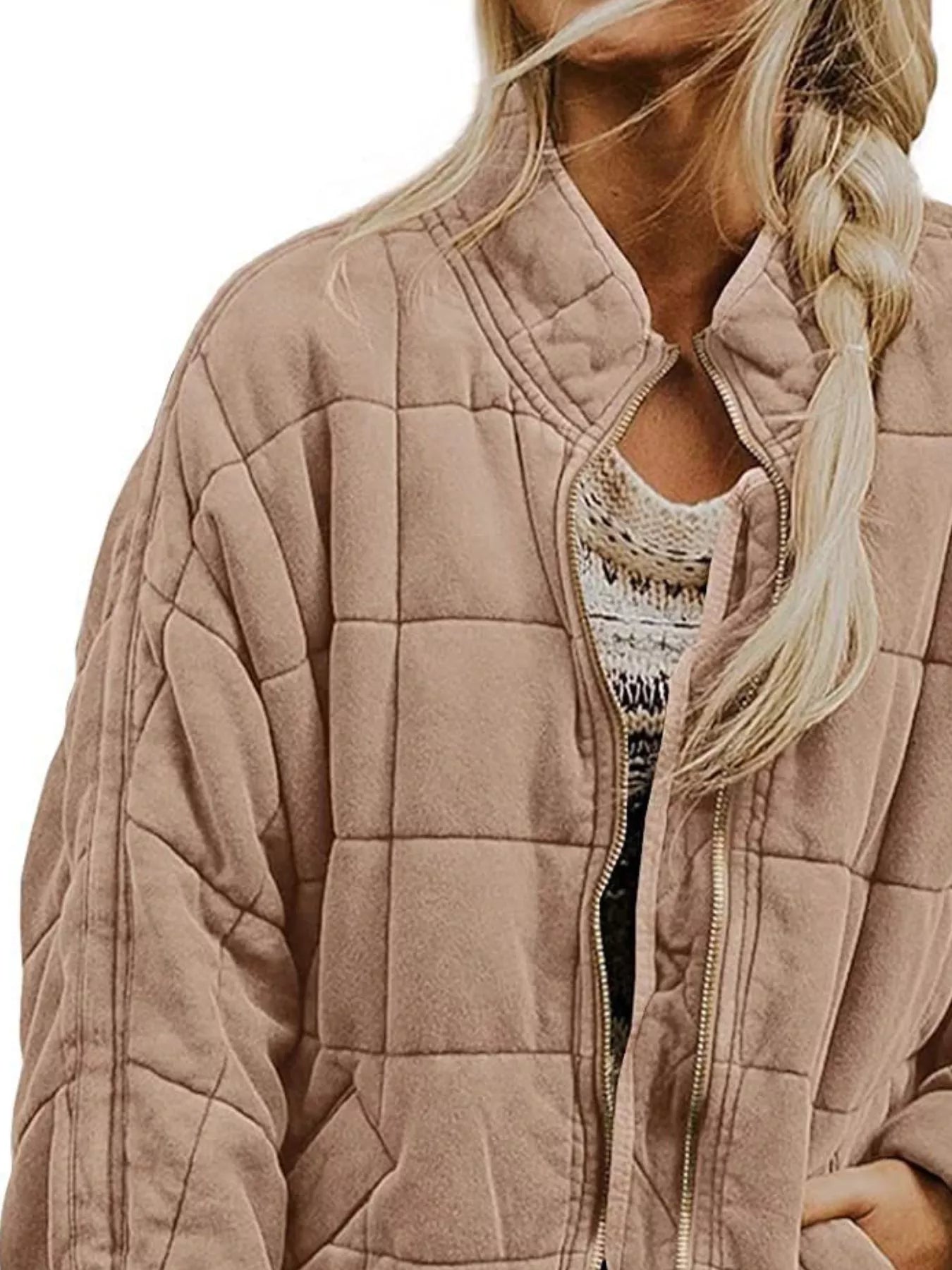 Full Size Zip Up Quilted Bomber Jacket Plus Size by Trendsi