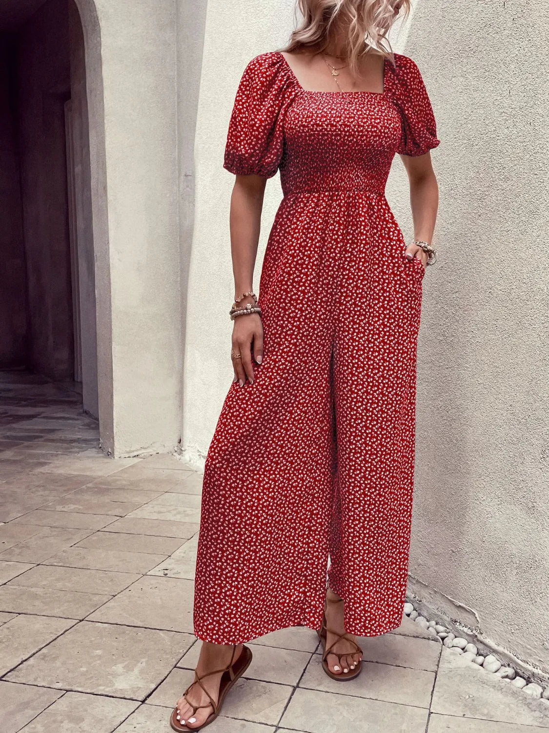 Printed Square Neck Puff Sleeve Jumpsuit by Trendsi