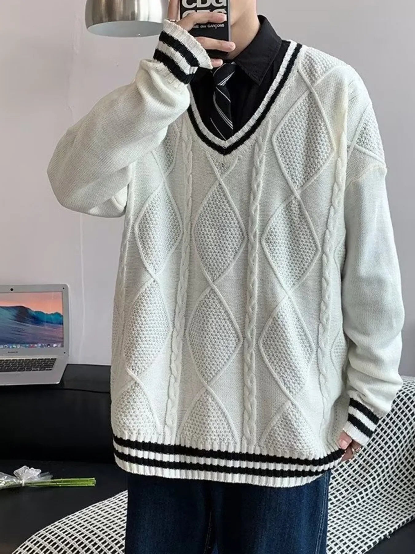 Men's Plus Size V-Neck Striped Trim Knitted Pullover by Trendsi