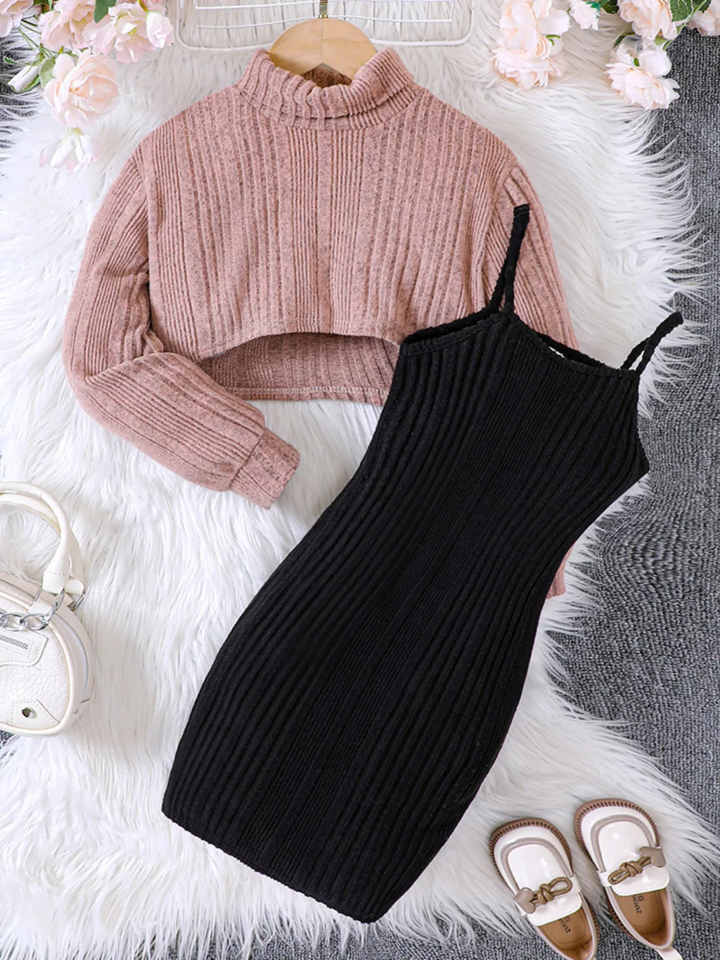 Children's Ribbed Knit Two-Tone Dress Set by Trendsi