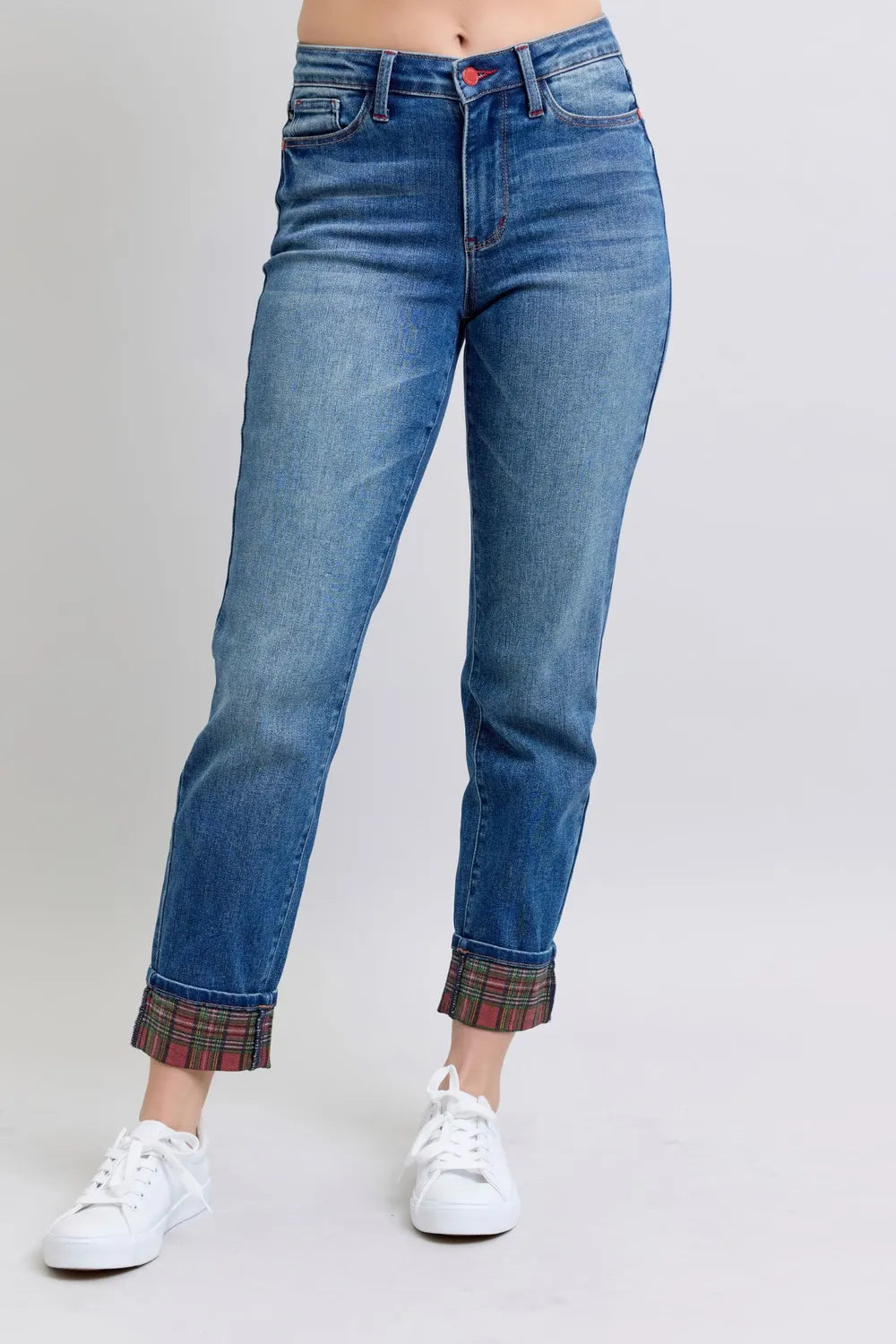 Judy Blue Full Size Plaid Print Cuff Straight Leg Jeans with Pockets by Trendsi