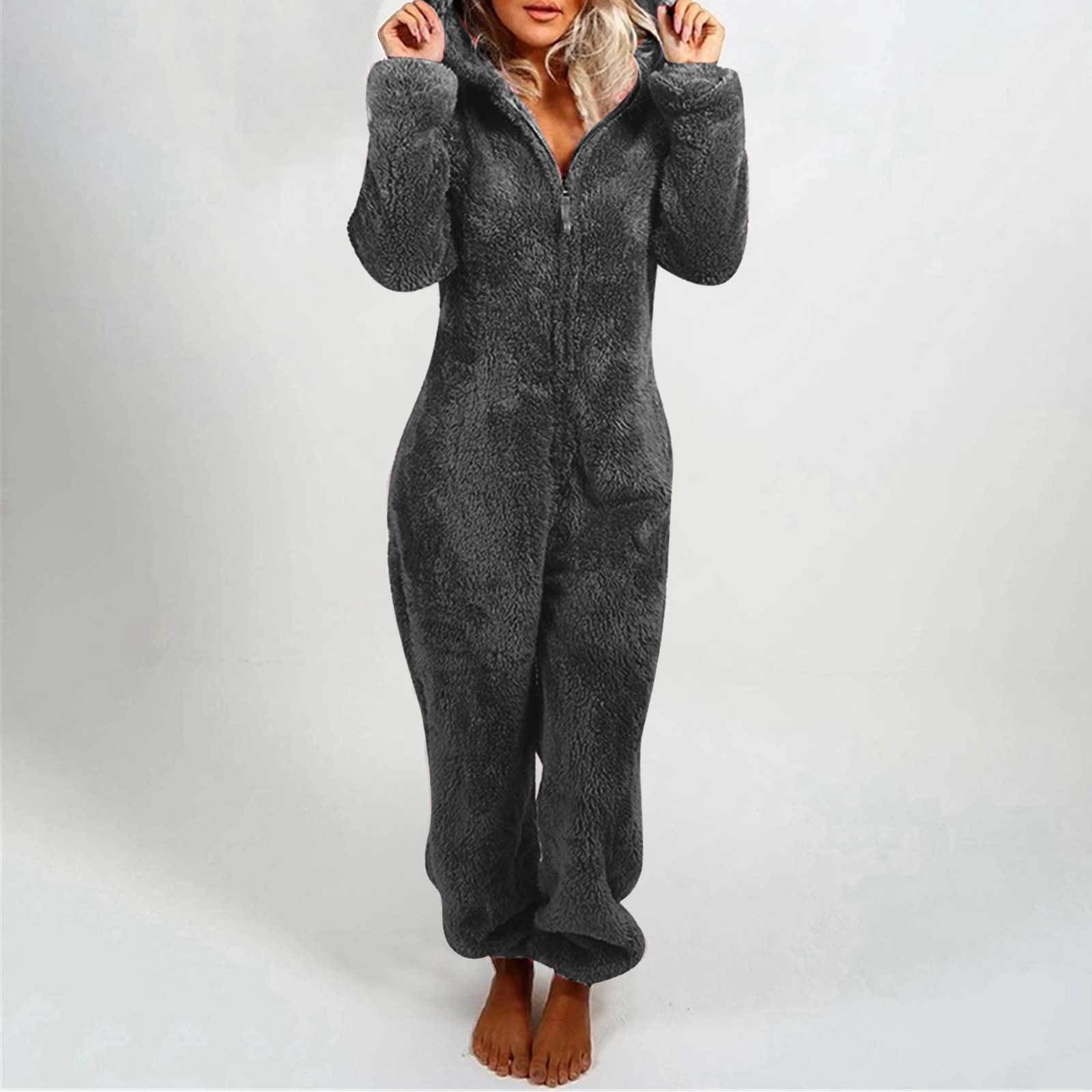 Fleece-lined Thickened Furry Jumpsuit Hooded Pajamas