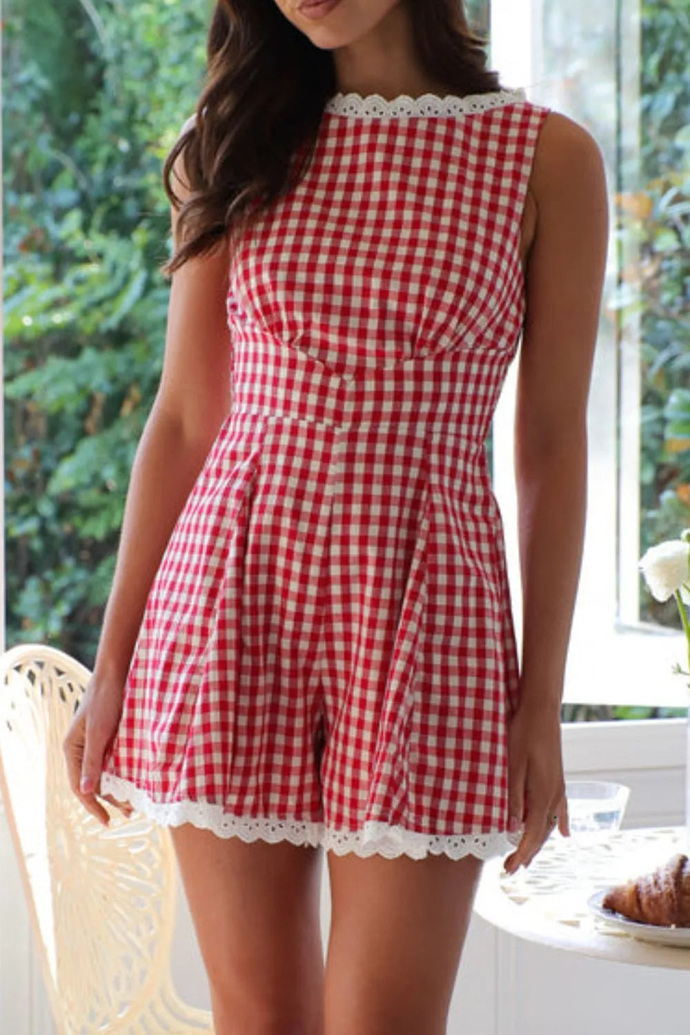 Lace Detail Plaid Sleeveless Romper by Trendsi