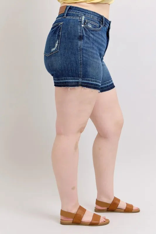 Judy Blue Full Size High Waist Tummy Control Destroy Release Hem Denim Shorts Plus Size by Trendsi