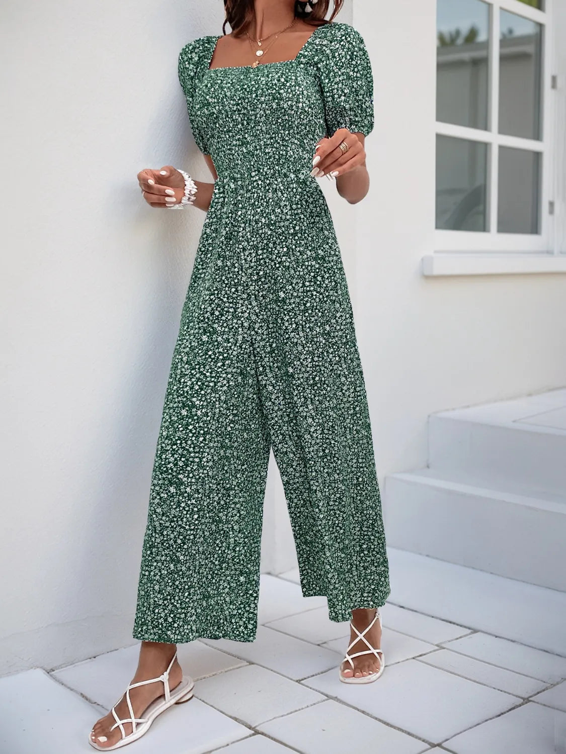 Printed Square Neck Puff Sleeve Jumpsuit by Trendsi