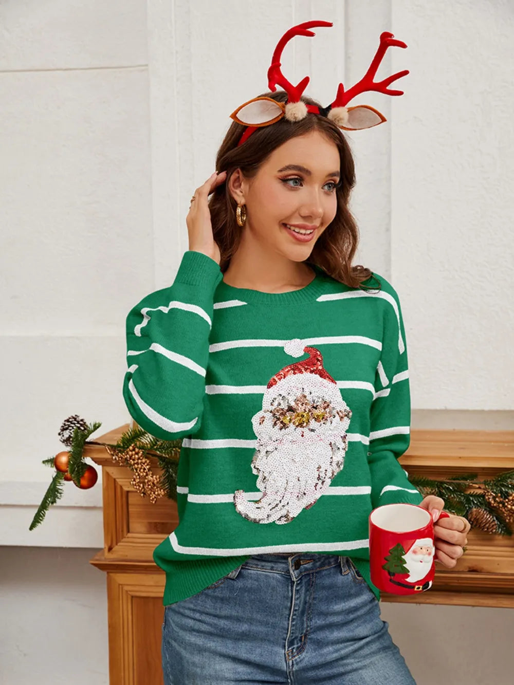 Sequin Santa Striped Round Neck Long Sleeve Sweater by Trendsi