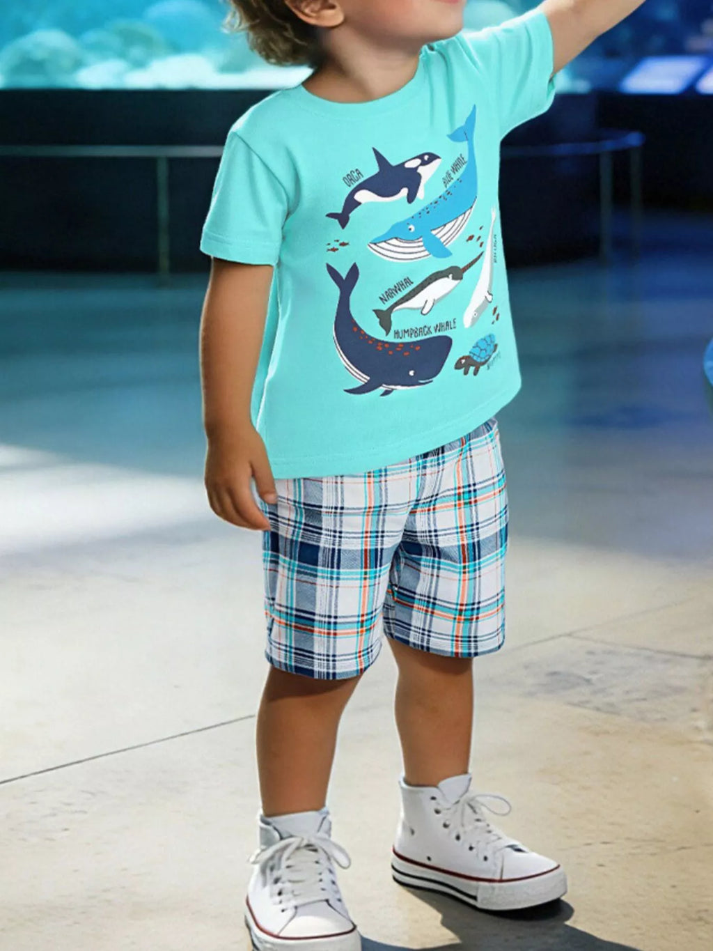 Children's Ocean Friends Tee and Plaid Shorts Set by Trendsi