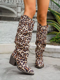 Leopard Point Toe Block Heels Boots by Trendsi
