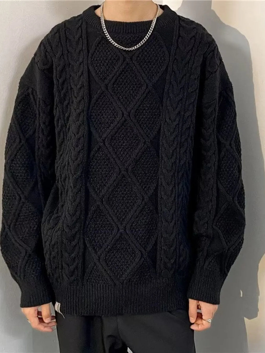 Men's Plus Size Cable Knit Round Neck Sweater by Trendsi