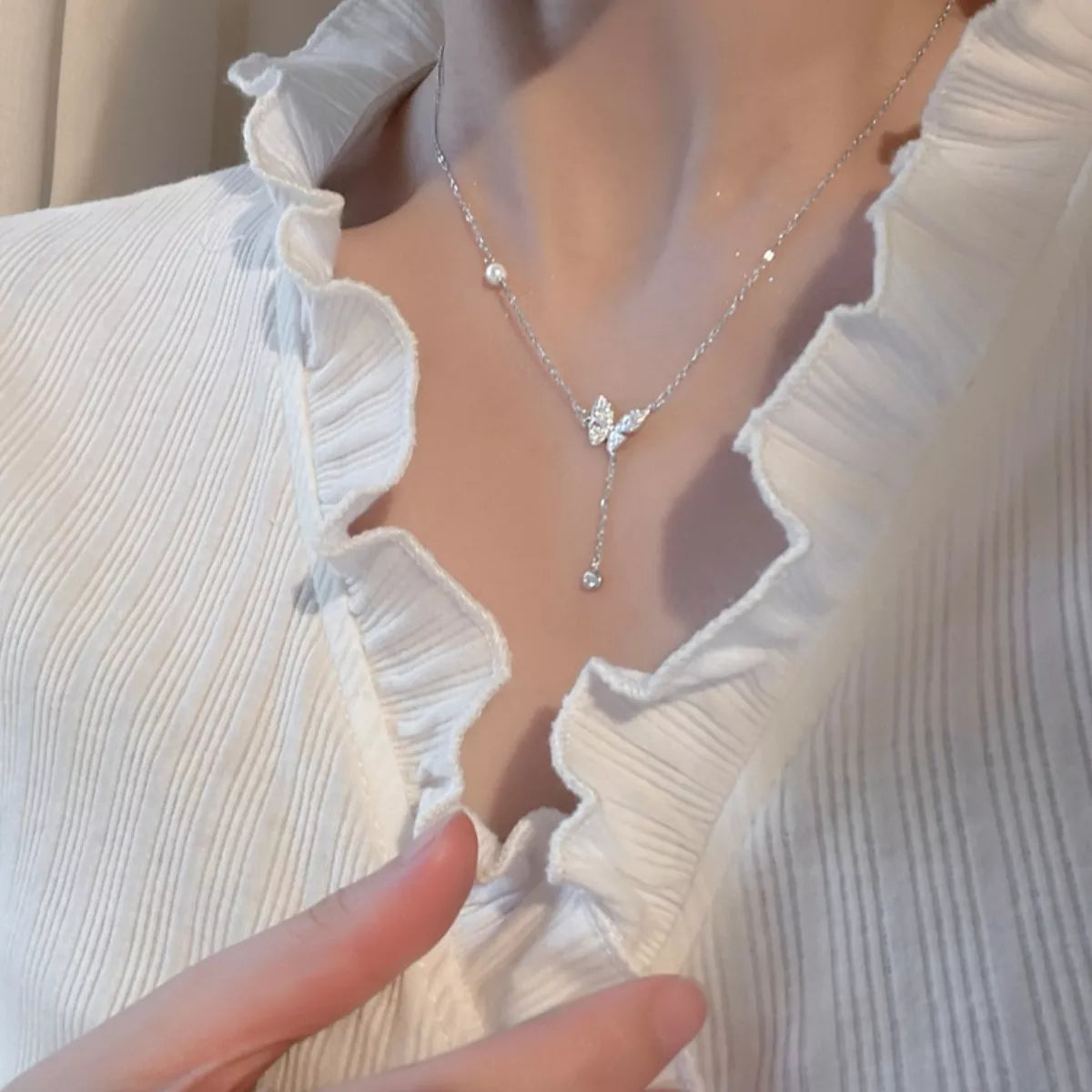 925 Sterling Silver Zircon Butterfly Necklace by Trendsi