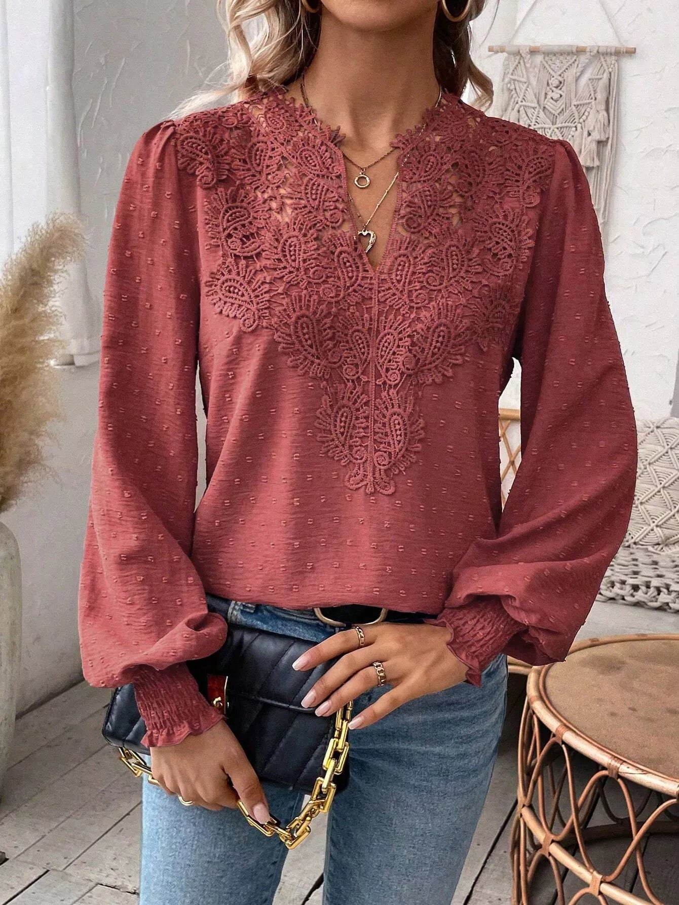 Swiss Dot Lace Detail Long Sleeve Blouse by Trendsi