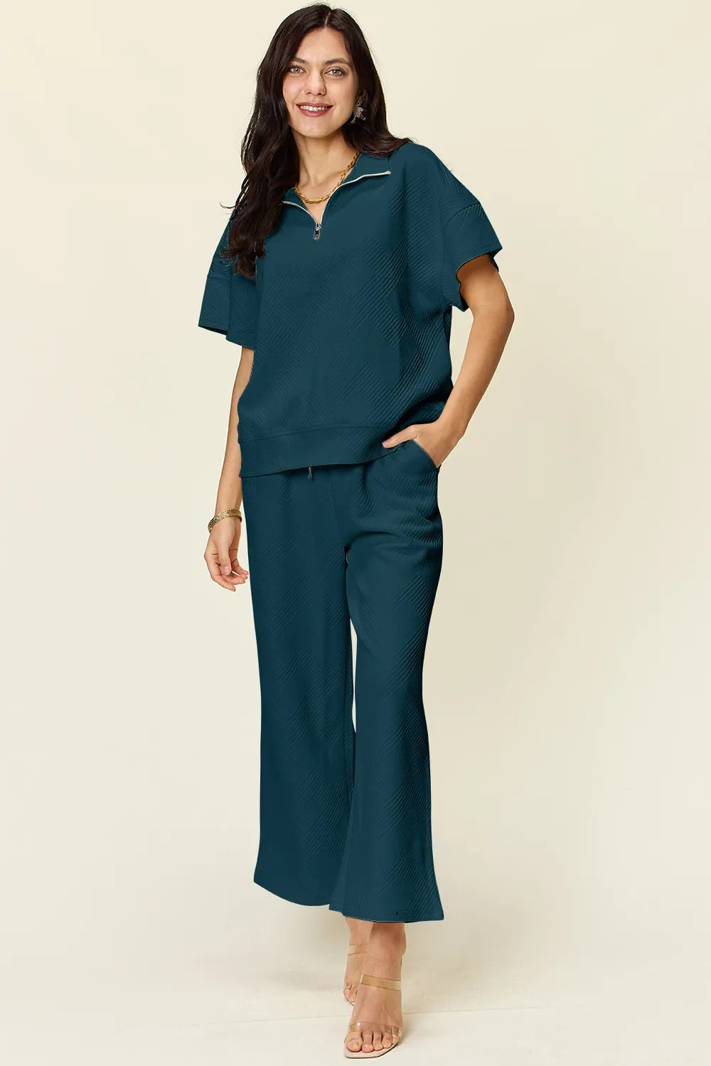 Double Take Full Size Texture Half Zip Short Sleeve Top and Pants Set by Trendsi