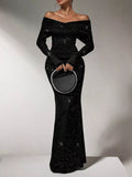Off-Shoulder Glitter Evening Maxi Dress by Trendsi
