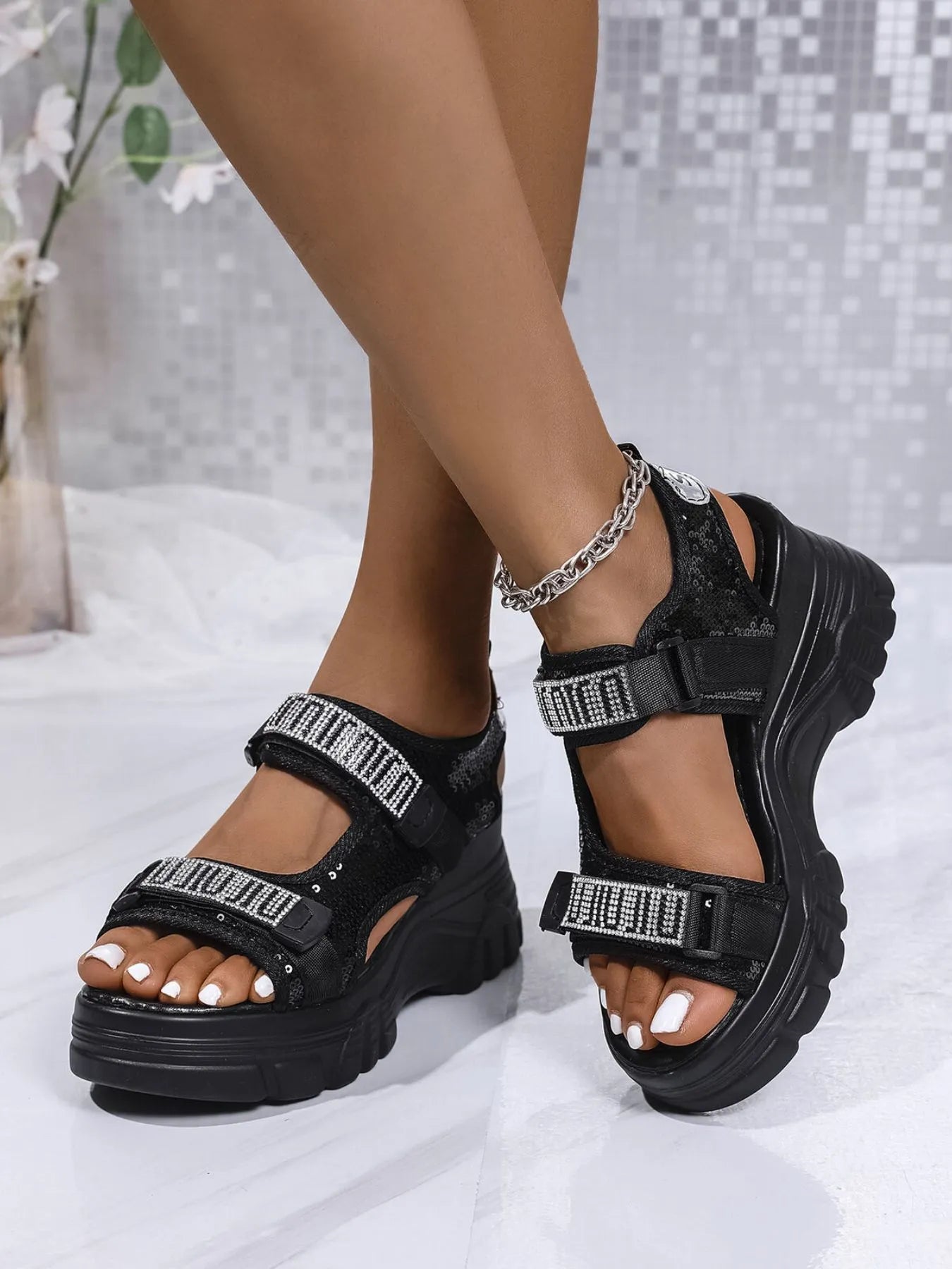 Rhinestone Open Toe Wedge Sandals by Trendsi