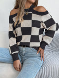 Cold Shoulder Checkered Long Sleeve Sweater by Trendsi