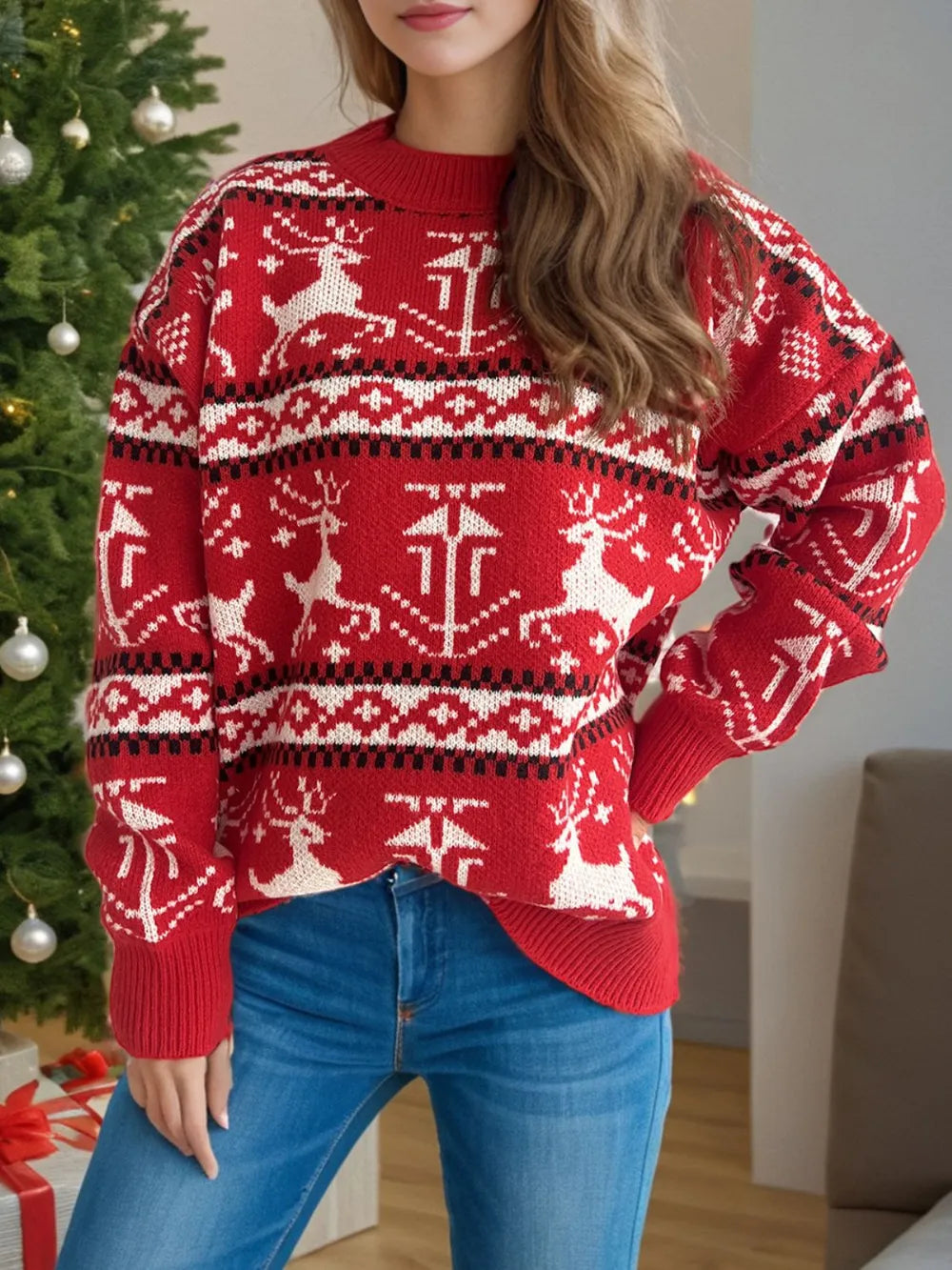 Christmas Element Round Neck Long Sleeve Sweater by Trendsi