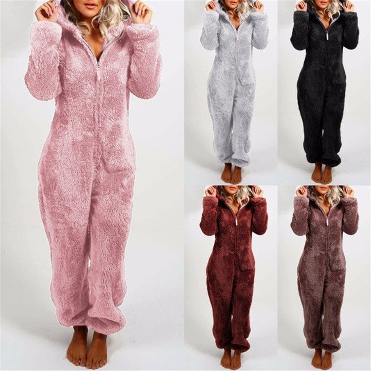Fleece-lined Thickened Furry Jumpsuit Hooded Pajamas by DC-THE CEO
