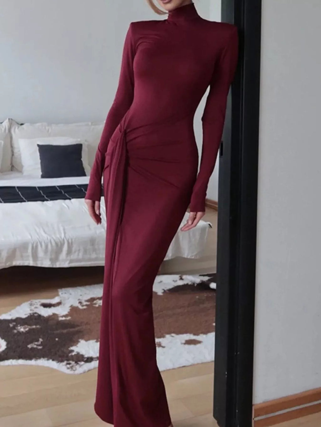 Turtleneck Long Sleeve Slit Maxi Dress by Trendsi
