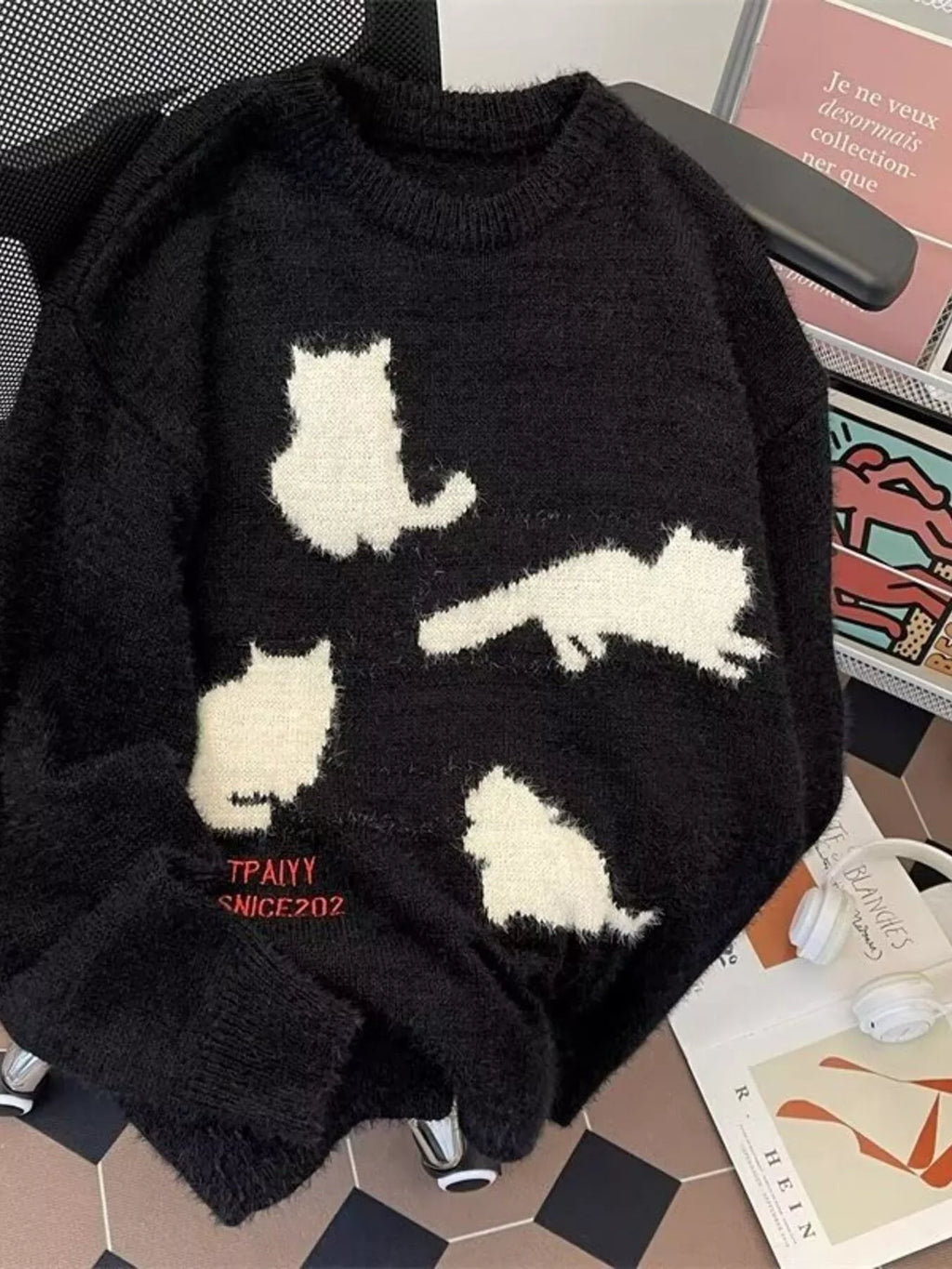 Men's Plus Size Cute Cat Pattern Knitted Pullover by Trendsi