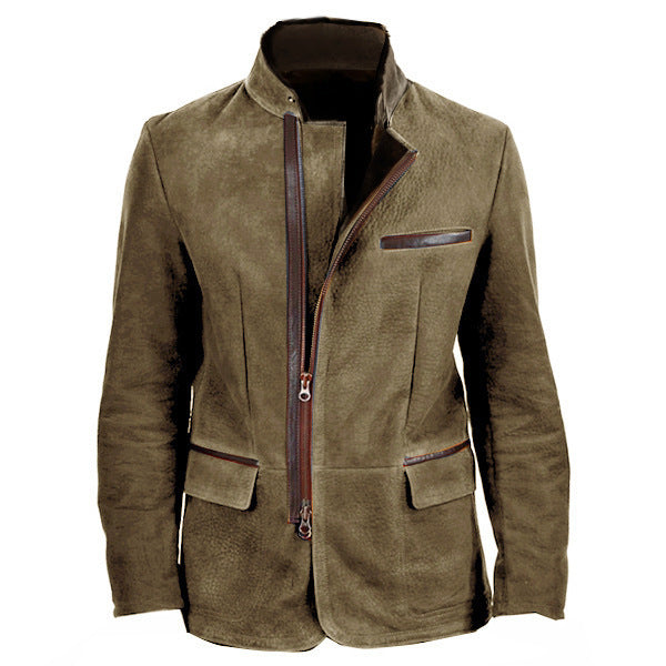 Vintage Jacket Men's Casual Coat Stand Collar Zipper Tooling Patchwork Top by Estely
