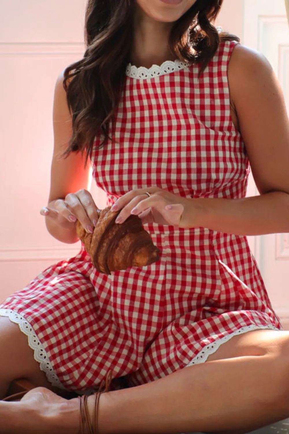 Lace Detail Plaid Sleeveless Romper by Trendsi