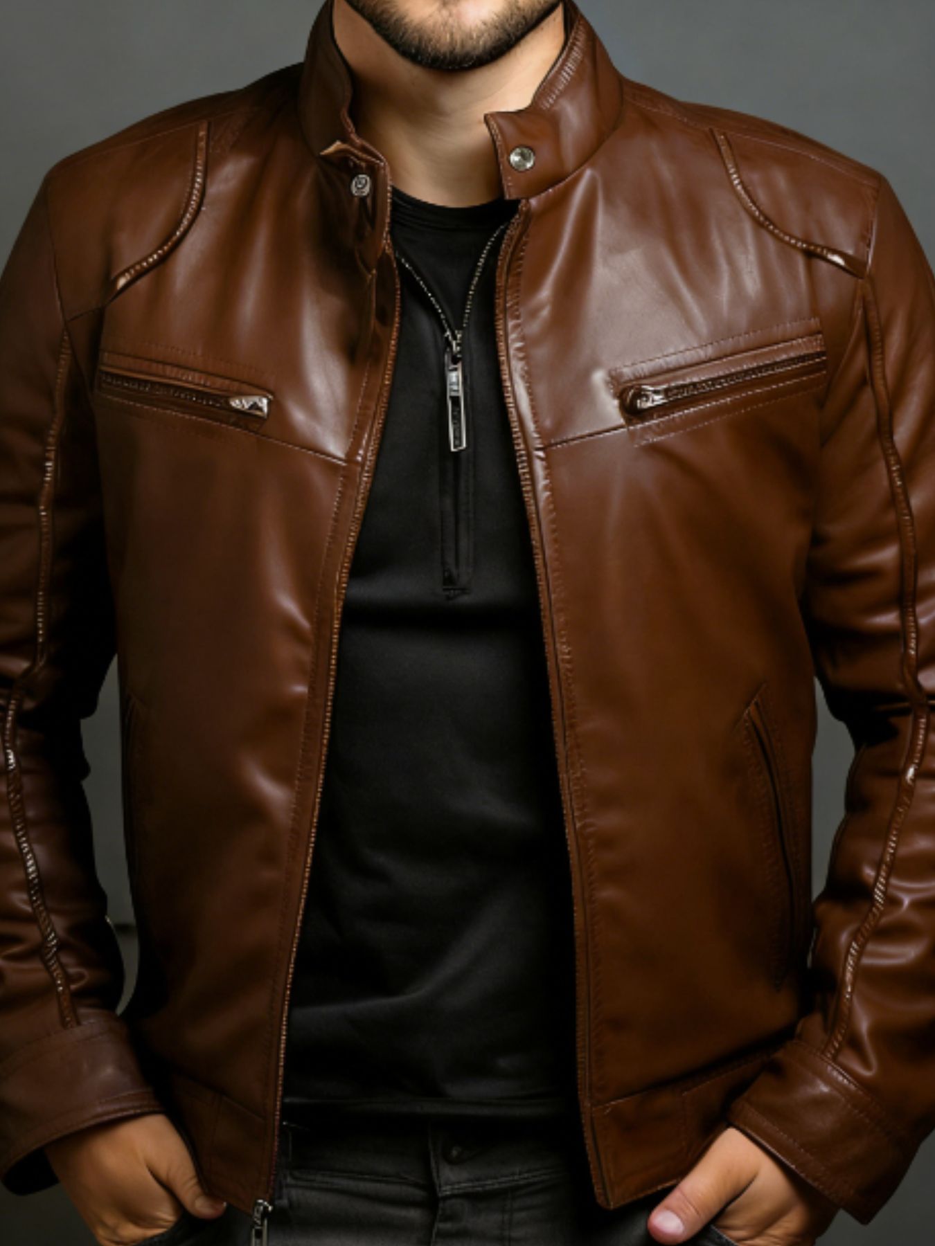 Men's Full Size Leather Motorcycle Jacket with Zipper Front Plus Size by Trendsi