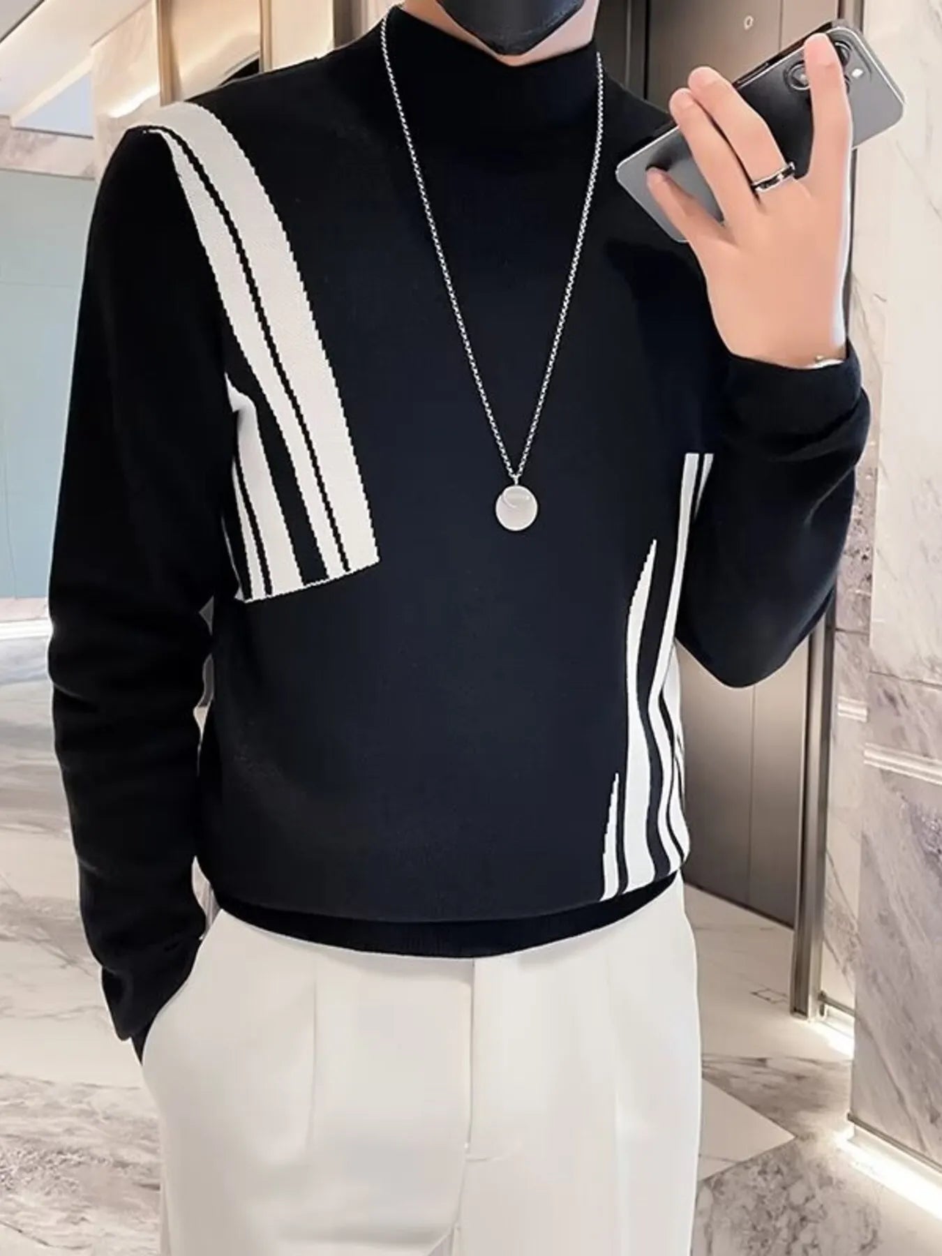 Men's Plus Size Striped Pattern Turtleneck Pullover by Trendsi
