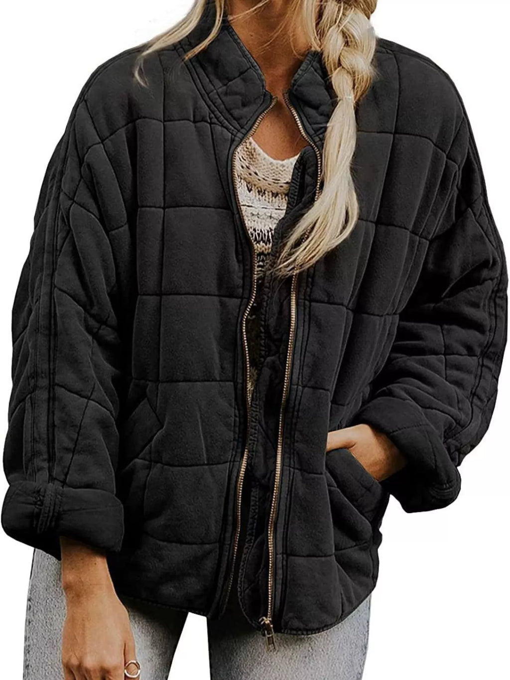 Full Size Zip Up Quilted Bomber Jacket Plus Size by Trendsi