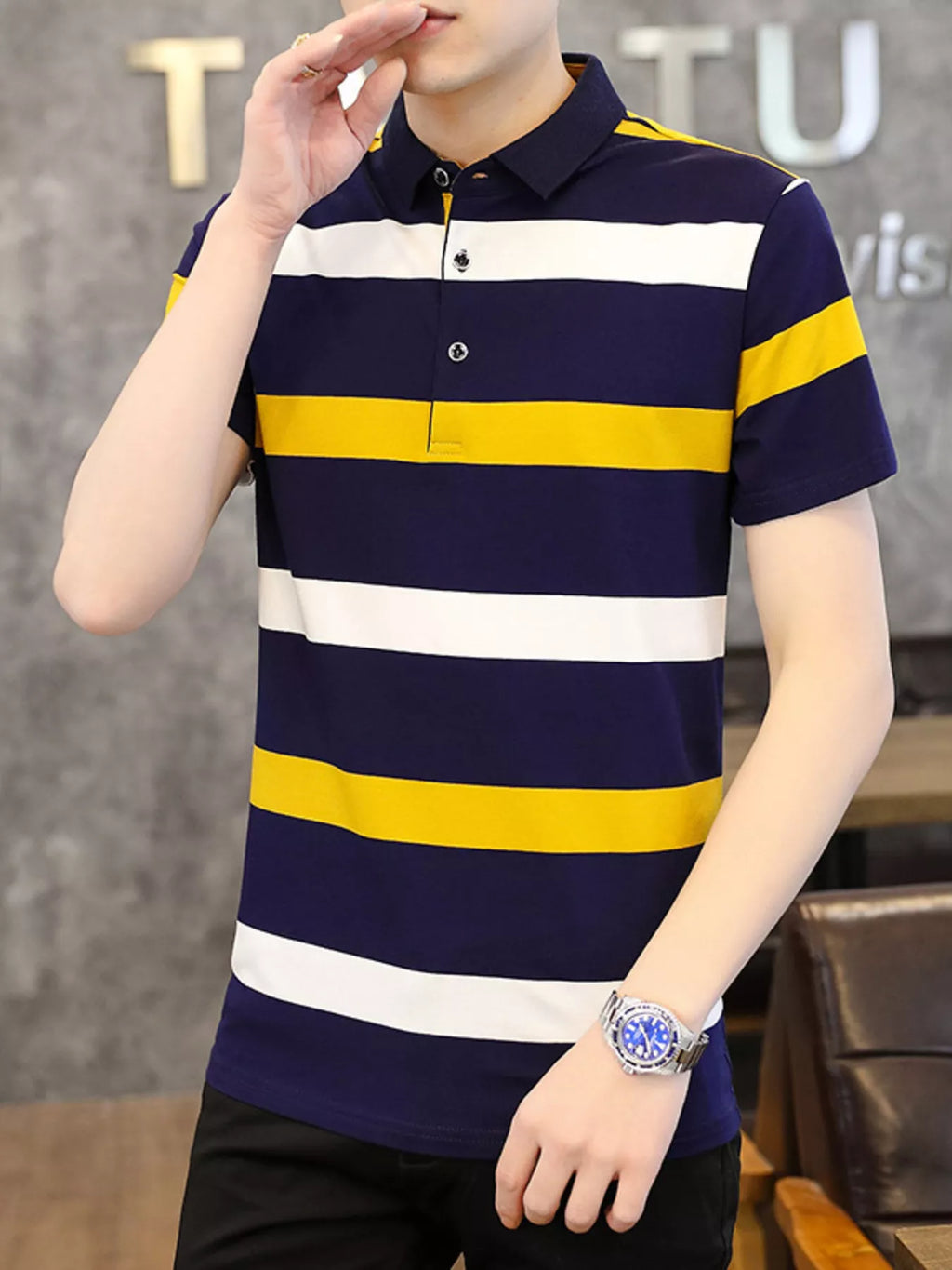 Men's Plus Size Striped Slim Fit Polo Shirt by Trendsi