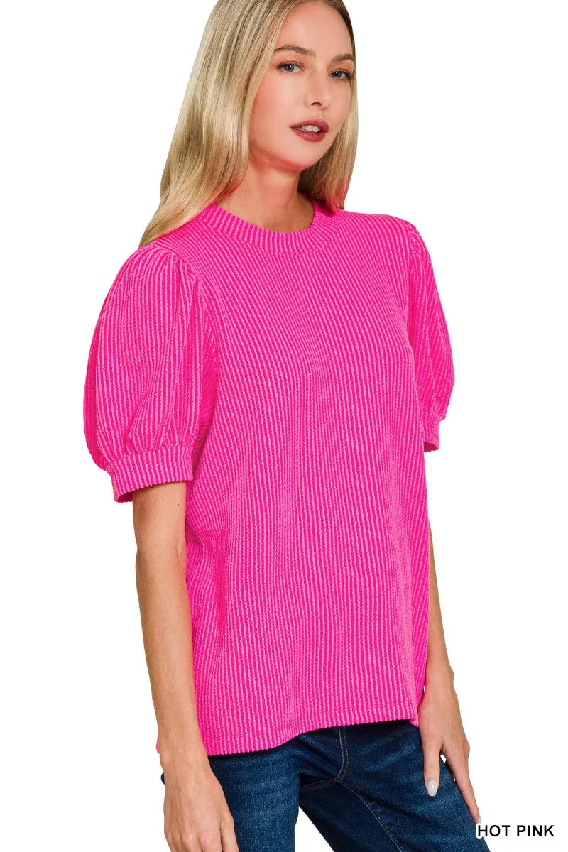 Zenana Raised Rib Puff Sleeve Top by Trendsi